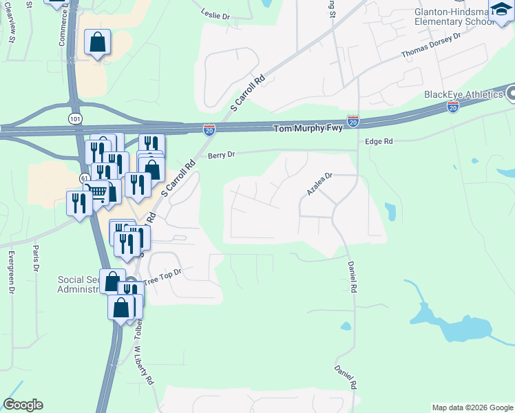 map of restaurants, bars, coffee shops, grocery stores, and more near 417 Ridgewood Drive in Villa Rica