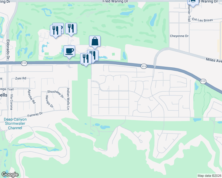 map of restaurants, bars, coffee shops, grocery stores, and more near 76830 Sandpiper Drive in Indian Wells