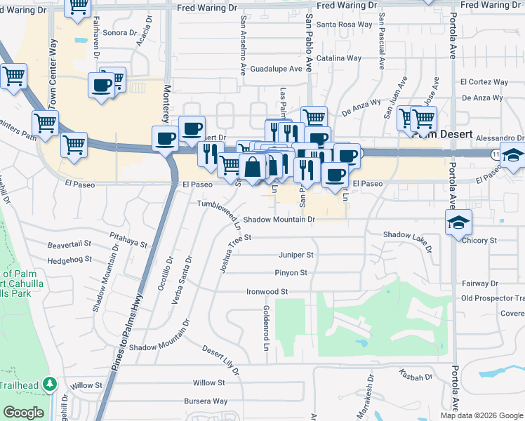 map of restaurants, bars, coffee shops, grocery stores, and more near 73330 Shadow Mountain Drive in Palm Desert