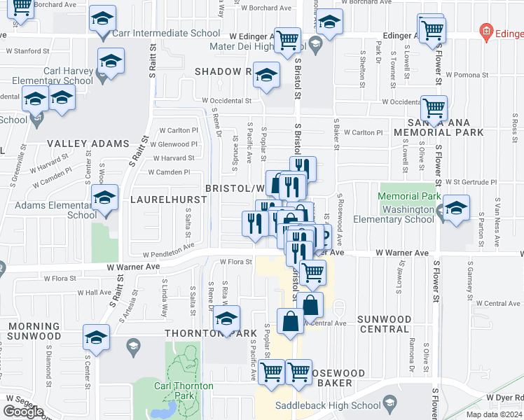 map of restaurants, bars, coffee shops, grocery stores, and more near 2101 South Pacific Avenue in Santa Ana