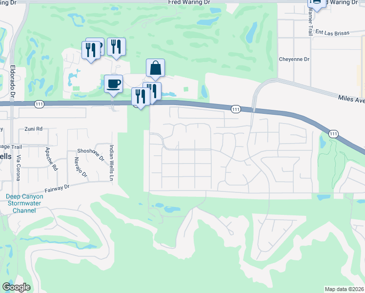 map of restaurants, bars, coffee shops, grocery stores, and more near 76830 Sandpiper Drive in Indian Wells