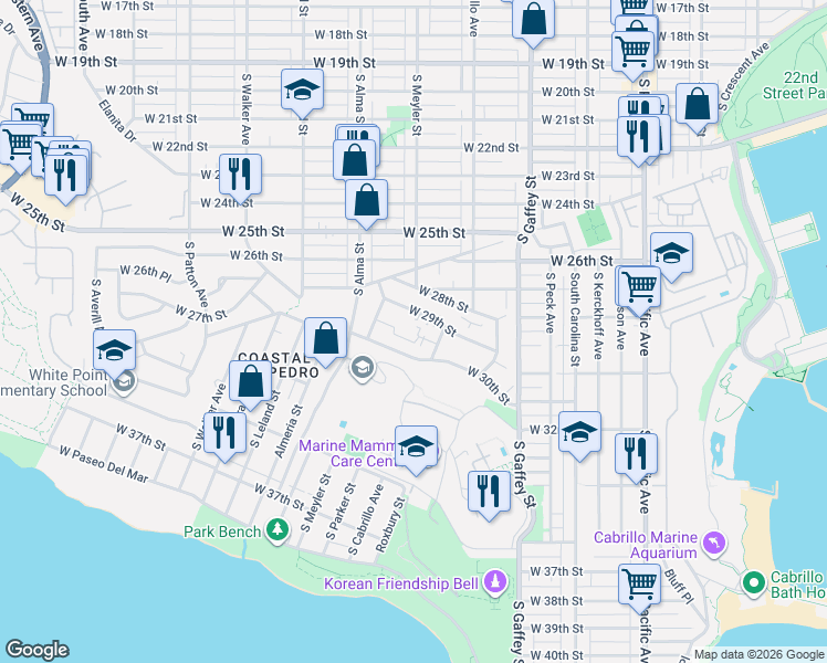 map of restaurants, bars, coffee shops, grocery stores, and more near 2905 South Cabrillo Avenue in Los Angeles