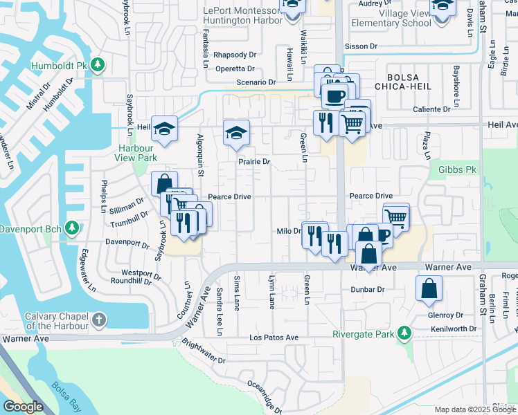 map of restaurants, bars, coffee shops, grocery stores, and more near 16772 Blanton Lane in Huntington Beach