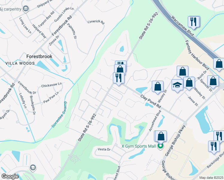 map of restaurants, bars, coffee shops, grocery stores, and more near 755 Burcale Road in Myrtle Beach