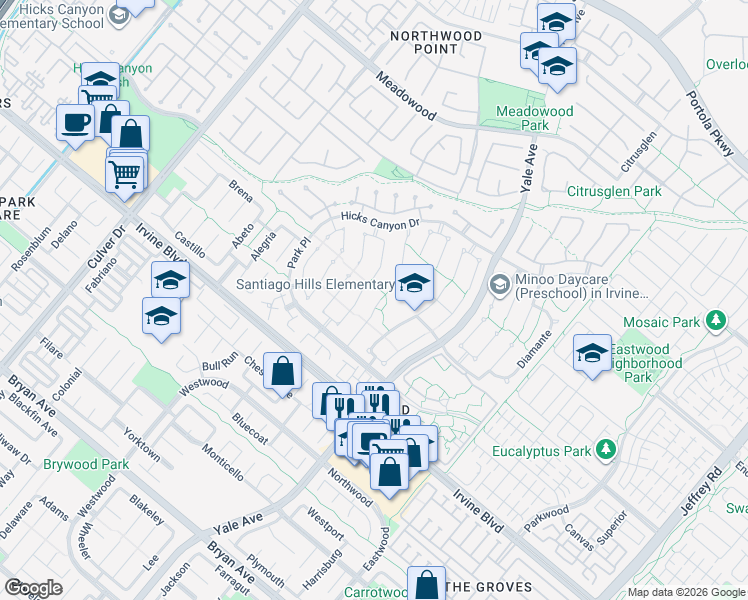 map of restaurants, bars, coffee shops, grocery stores, and more near 27 Alameda in Irvine