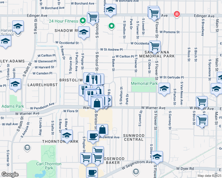 map of restaurants, bars, coffee shops, grocery stores, and more near 2115 South Baker Street in Santa Ana