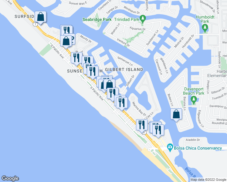 map of restaurants, bars, coffee shops, grocery stores, and more near 16772 Broadway in Huntington Beach