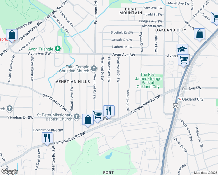 map of restaurants, bars, coffee shops, grocery stores, and more near Elizabeth Avenue Southwest in Atlanta