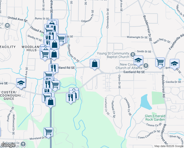 map of restaurants, bars, coffee shops, grocery stores, and more near 1398 Custer Avenue Southeast in Atlanta