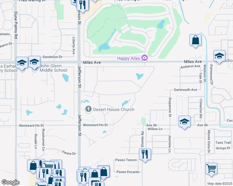 map of restaurants, bars, coffee shops, grocery stores, and more near 80290 Pebble Beach Drive in Indio