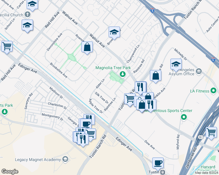 map of restaurants, bars, coffee shops, grocery stores, and more near 14711 Pepper Tree Circle in Tustin