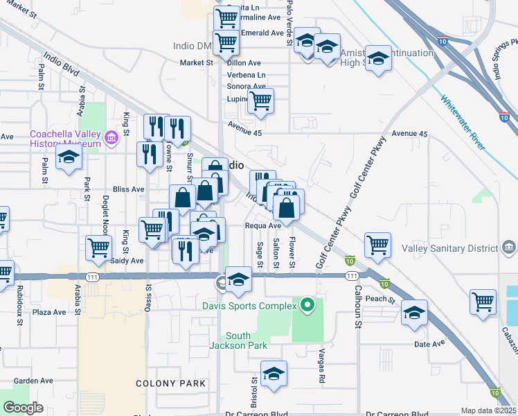 map of restaurants, bars, coffee shops, grocery stores, and more near 83151 Indio Boulevard in Indio