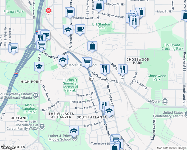 map of restaurants, bars, coffee shops, grocery stores, and more near 129 McDonough Boulevard Southeast in Atlanta