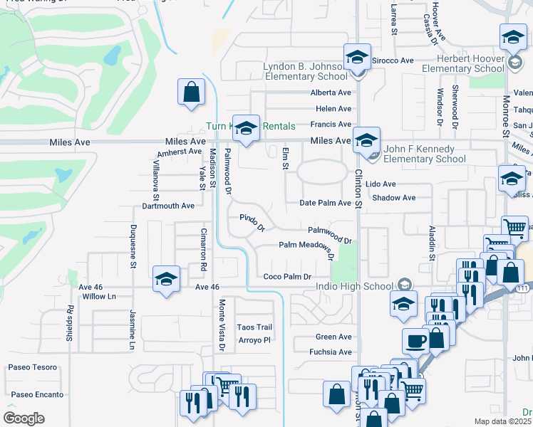 map of restaurants, bars, coffee shops, grocery stores, and more near Palmwood Drive in Indio