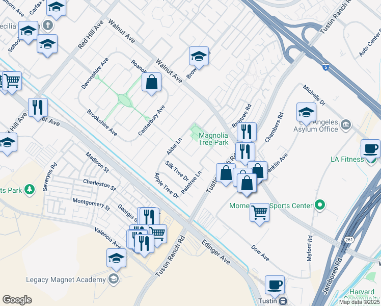 map of restaurants, bars, coffee shops, grocery stores, and more near 14711 Pepper Tree Circle in Tustin