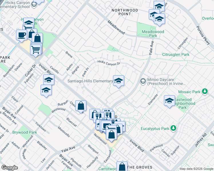 map of restaurants, bars, coffee shops, grocery stores, and more near 27 Alameda in Irvine