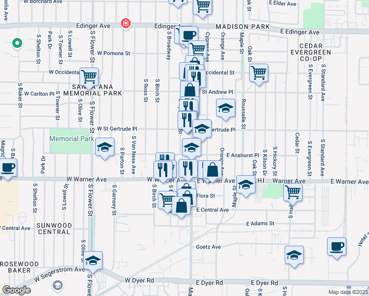 map of restaurants, bars, coffee shops, grocery stores, and more near 2141 South Sycamore Street in Santa Ana