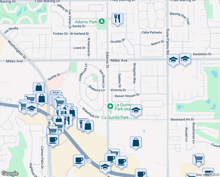 map of restaurants, bars, coffee shops, grocery stores, and more near 79010 Victoria Drive in La Quinta