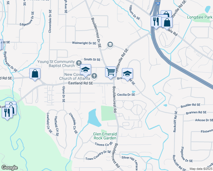 map of restaurants, bars, coffee shops, grocery stores, and more near 1645 Eastland Road Southeast in Atlanta