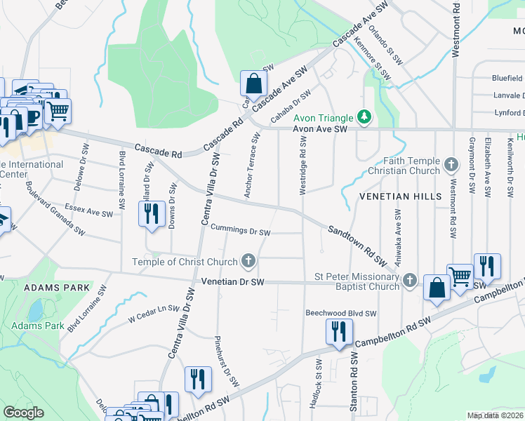 map of restaurants, bars, coffee shops, grocery stores, and more near 1898 Sandtown Road Southwest in Atlanta