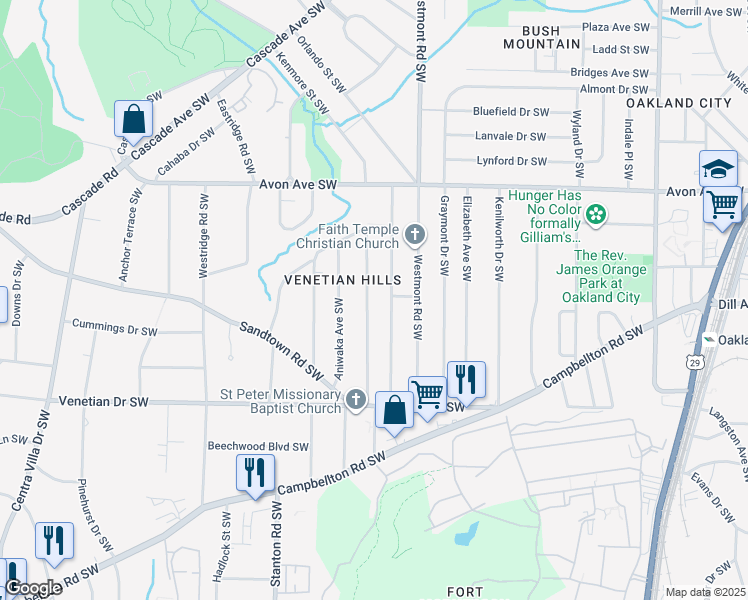 map of restaurants, bars, coffee shops, grocery stores, and more near 1352 Willow Trail Southwest in Atlanta