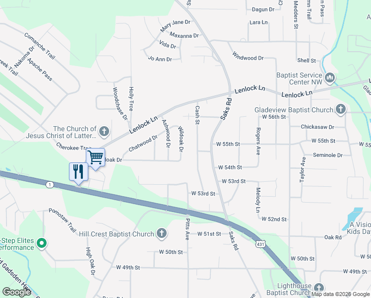 map of restaurants, bars, coffee shops, grocery stores, and more near 5514 Wildoak Drive in Anniston