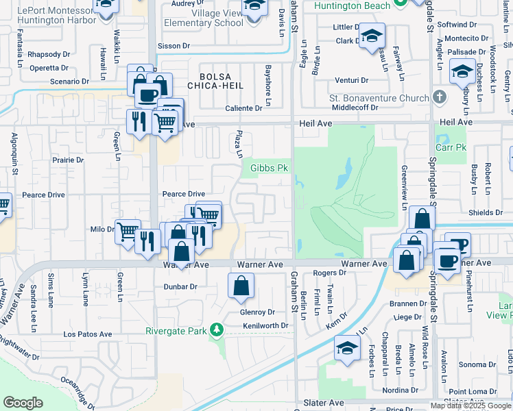 map of restaurants, bars, coffee shops, grocery stores, and more near 16812 Barclay Lane in Huntington Beach