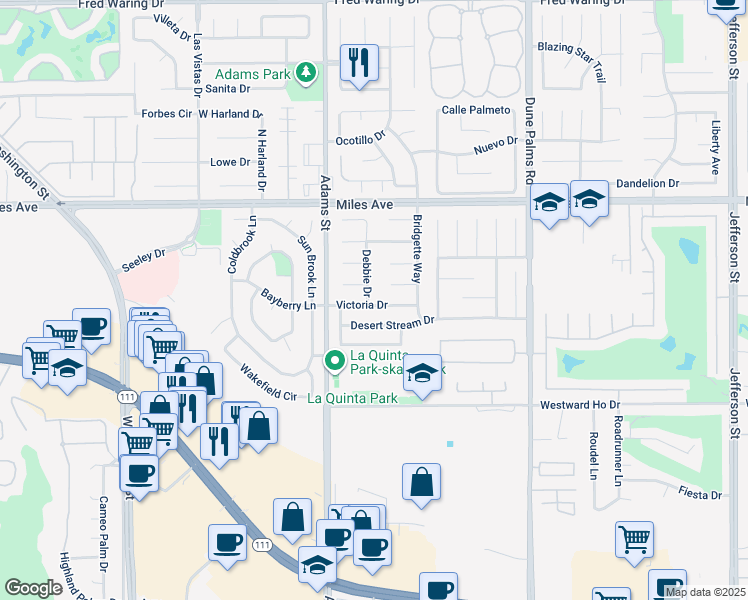 map of restaurants, bars, coffee shops, grocery stores, and more near 45300 Debbie Drive in La Quinta