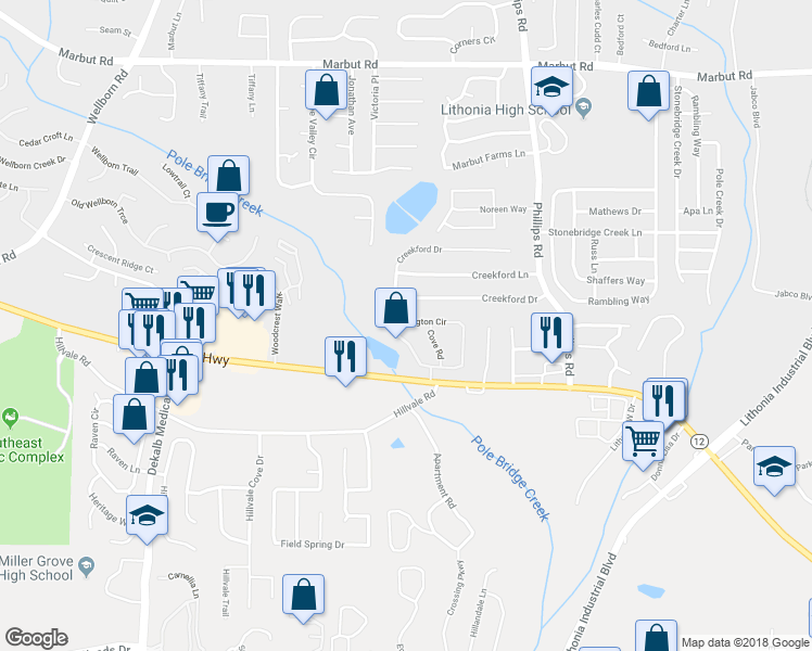 map of restaurants, bars, coffee shops, grocery stores, and more near 2249 Wellington Circle in Lithonia