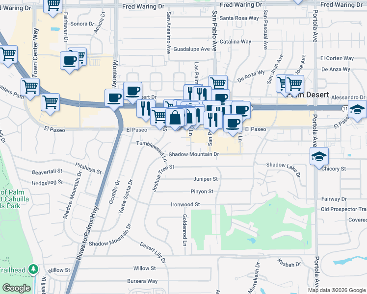 map of restaurants, bars, coffee shops, grocery stores, and more near 45451 Lupine Lane in Palm Desert