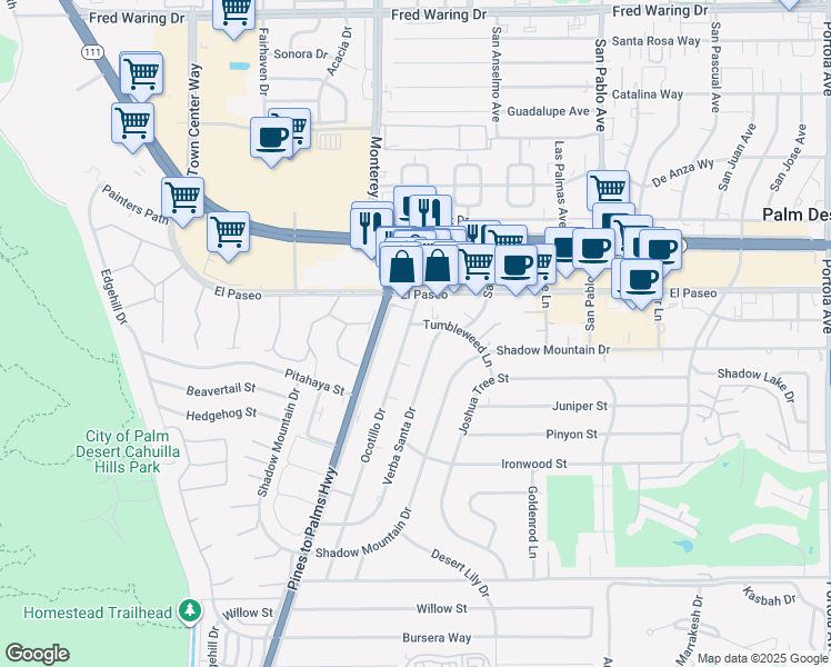 map of restaurants, bars, coffee shops, grocery stores, and more near 45450 Ocotillo Drive in Palm Desert