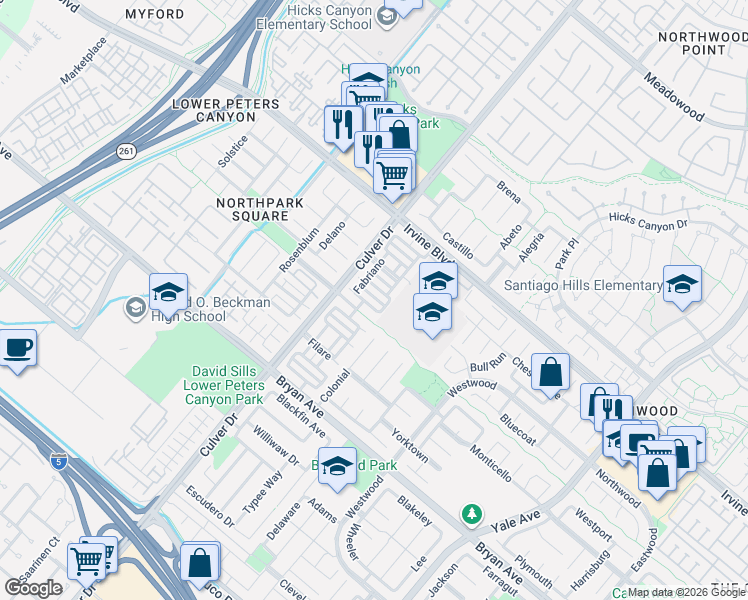 map of restaurants, bars, coffee shops, grocery stores, and more near 20 Vercelli in Irvine