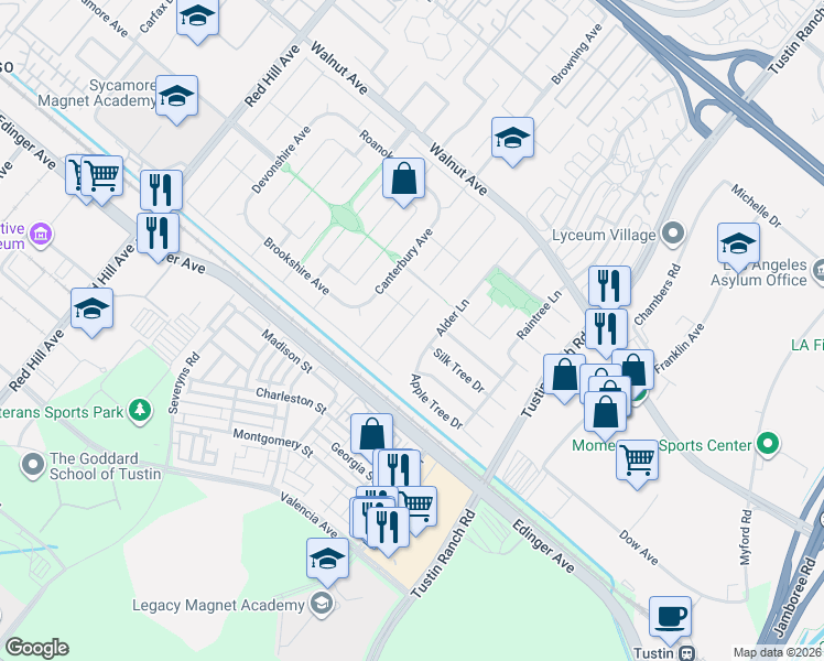 map of restaurants, bars, coffee shops, grocery stores, and more near 14791 Alder Lane in Tustin