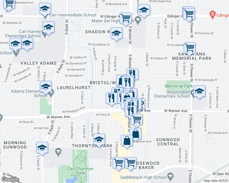 map of restaurants, bars, coffee shops, grocery stores, and more near 1502 West Cleghorn Way in Santa Ana