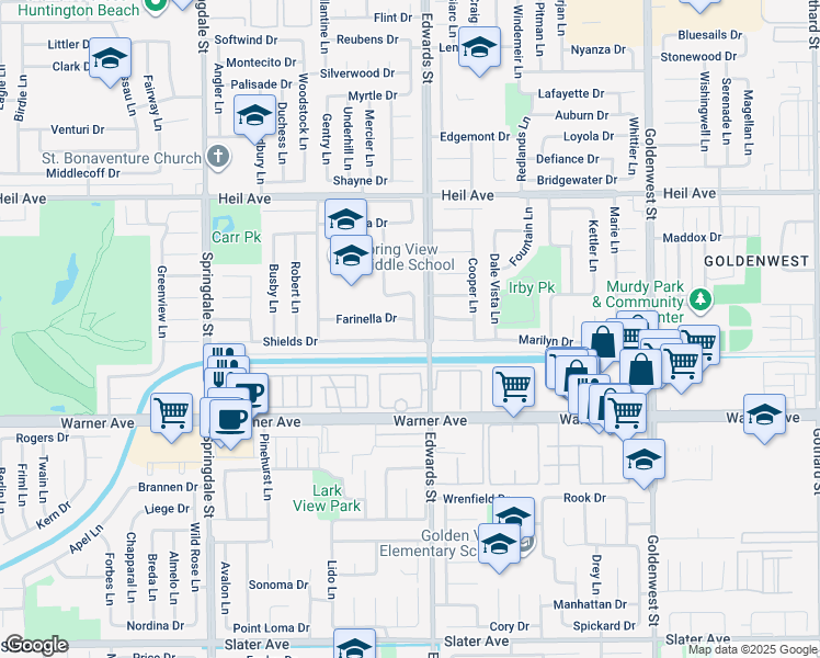 map of restaurants, bars, coffee shops, grocery stores, and more near 16772 Summercloud Lane in Huntington Beach