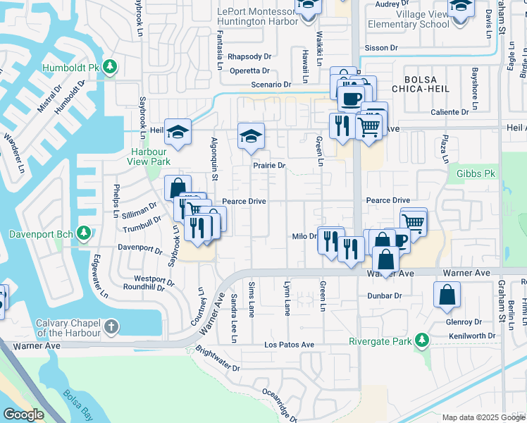 map of restaurants, bars, coffee shops, grocery stores, and more near 16761 Blanton Lane in Huntington Beach