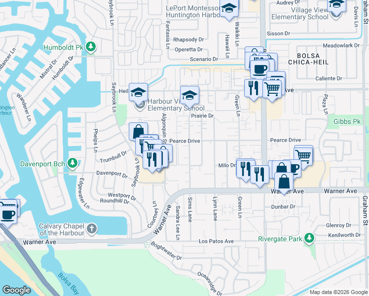 map of restaurants, bars, coffee shops, grocery stores, and more near 4662 Ranchview Circle in Huntington Beach