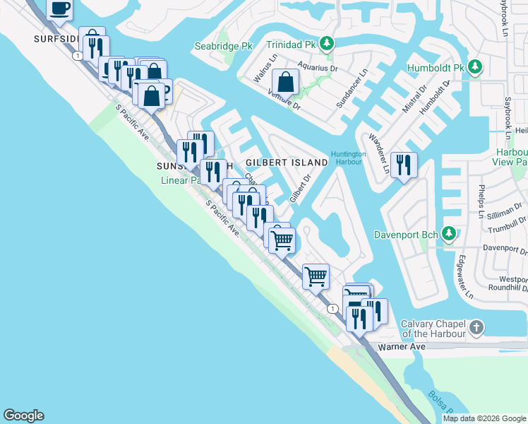 map of restaurants, bars, coffee shops, grocery stores, and more near 16772 Broadway in Huntington Beach