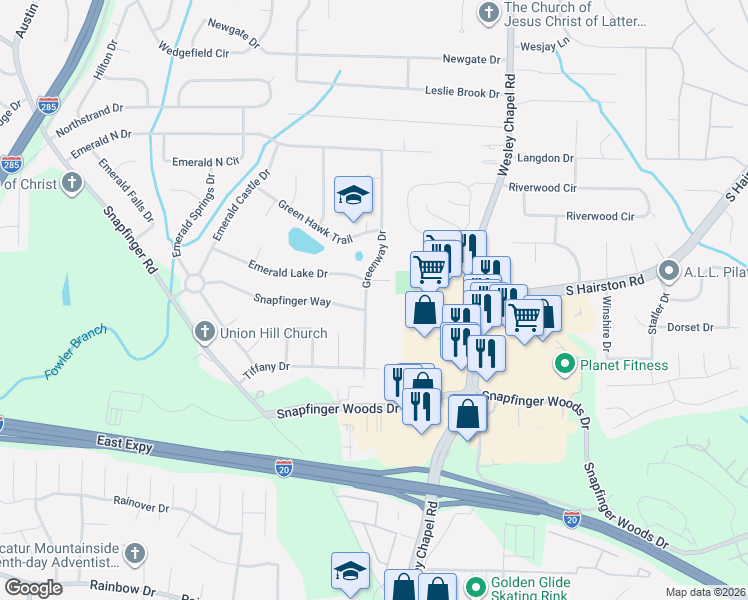 map of restaurants, bars, coffee shops, grocery stores, and more near 2377 Greenway Drive in Decatur