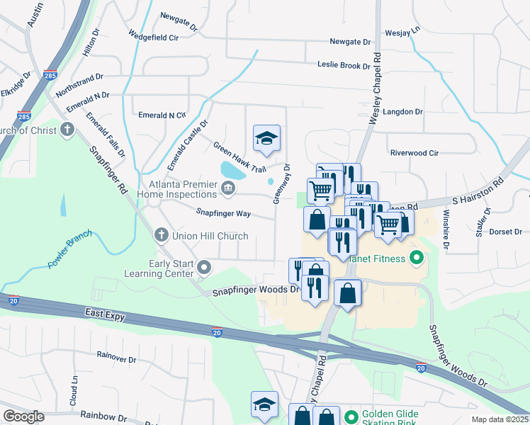 map of restaurants, bars, coffee shops, grocery stores, and more near 4128 Snapfinger Way in Decatur