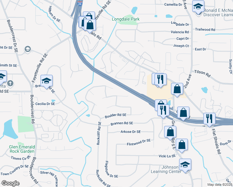 map of restaurants, bars, coffee shops, grocery stores, and more near 1784 Streamview Drive Southeast in Atlanta