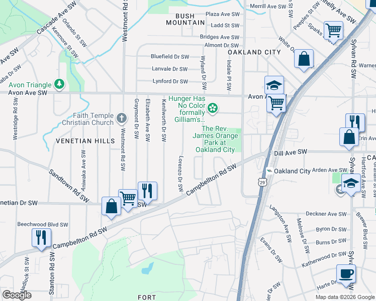 map of restaurants, bars, coffee shops, grocery stores, and more near 1340 Lorenzo Drive Southwest in Atlanta