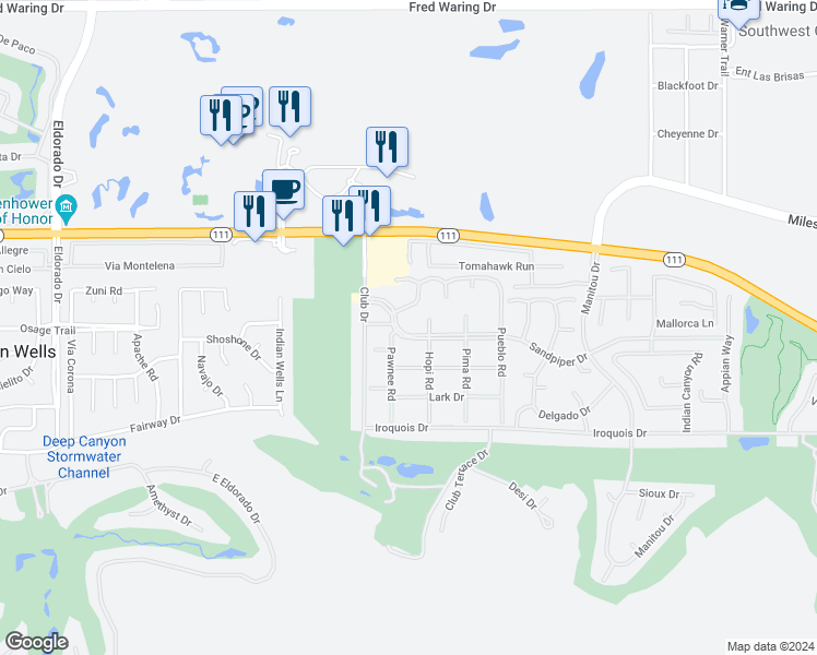 map of restaurants, bars, coffee shops, grocery stores, and more near 76730 Sandpiper Drive in Indian Wells