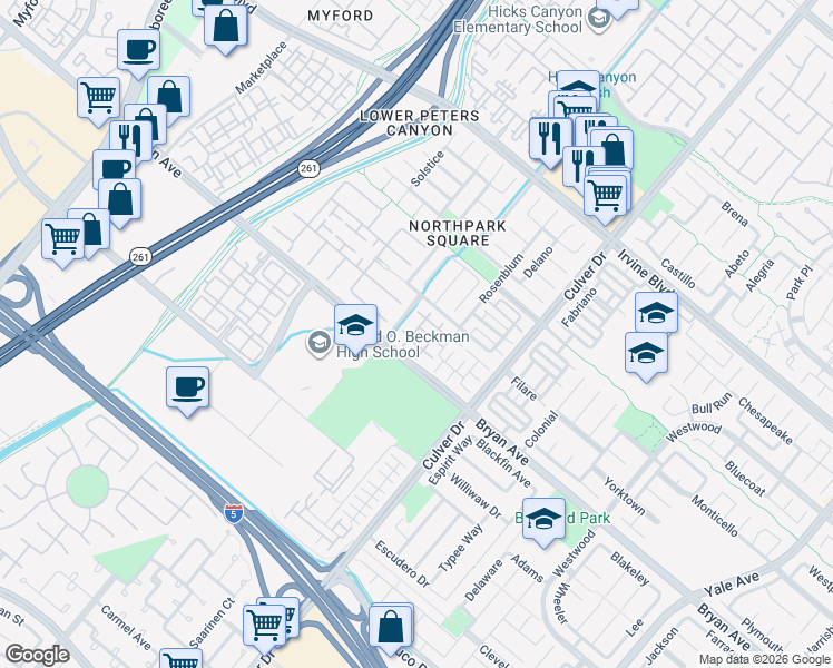map of restaurants, bars, coffee shops, grocery stores, and more near 35 Taquitz in Irvine