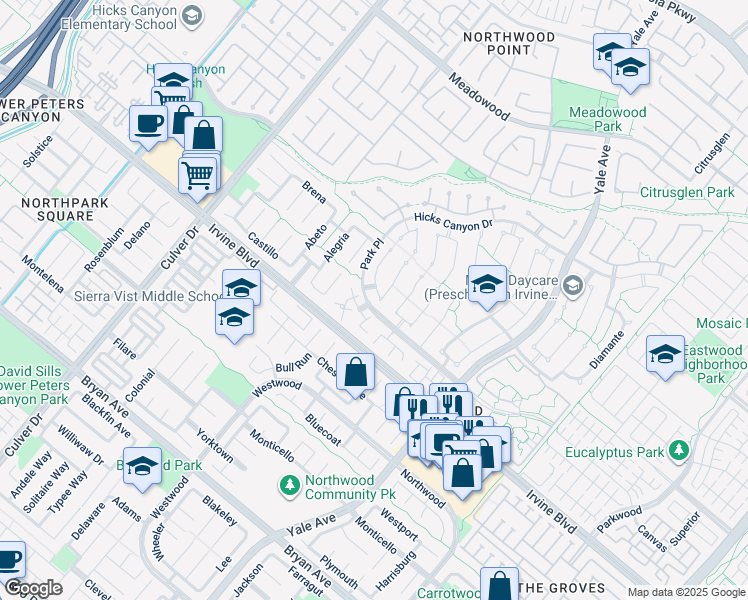 map of restaurants, bars, coffee shops, grocery stores, and more near 29 Fortuna East in Irvine
