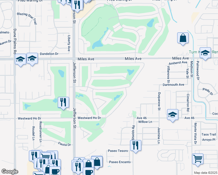 map of restaurants, bars, coffee shops, grocery stores, and more near 80290 Pebble Beach Drive in Indio
