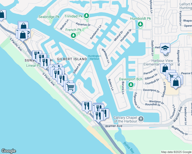 map of restaurants, bars, coffee shops, grocery stores, and more near 16782 Coral Cay Lane in Huntington Beach