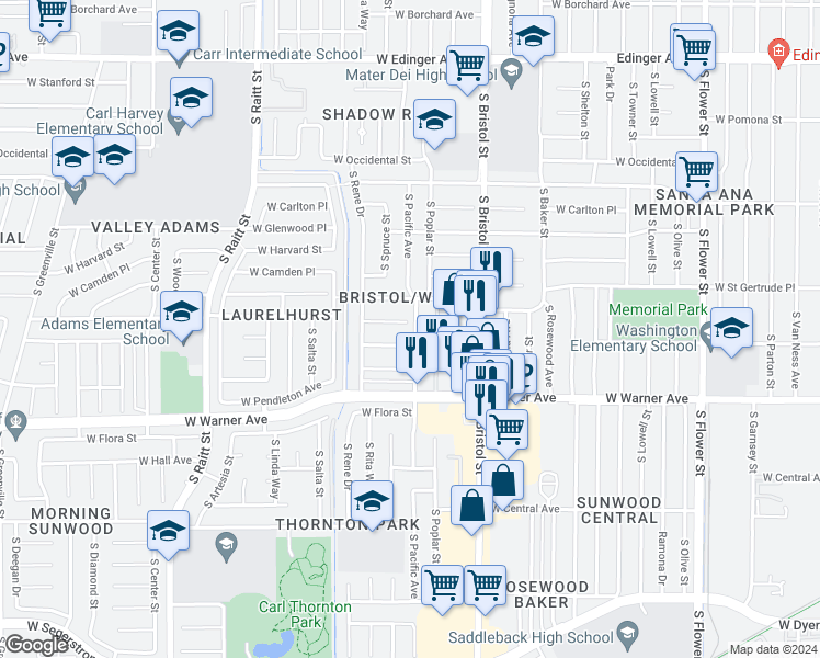 map of restaurants, bars, coffee shops, grocery stores, and more near 1502 W Cleghorn Way in Santa Ana