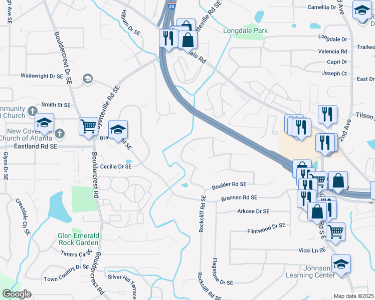 map of restaurants, bars, coffee shops, grocery stores, and more near 1675 Bouldercliff Court Southeast in Atlanta