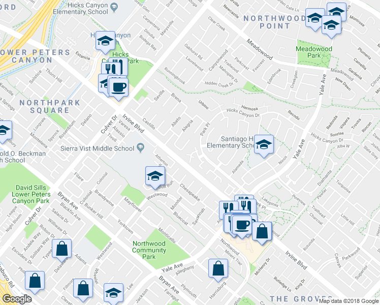 map of restaurants, bars, coffee shops, grocery stores, and more near 4 Wilking Drive in Irvine